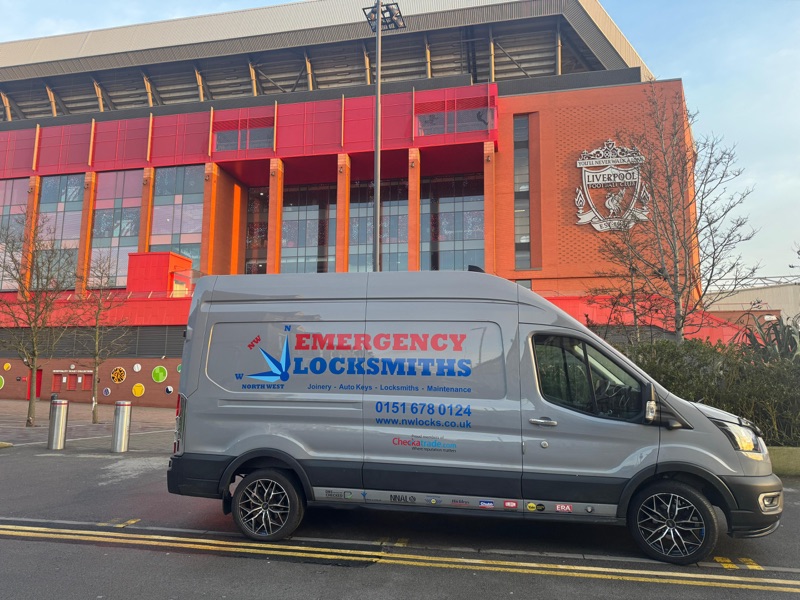 NW Locks van outside Anfield, home of Liverpool FC