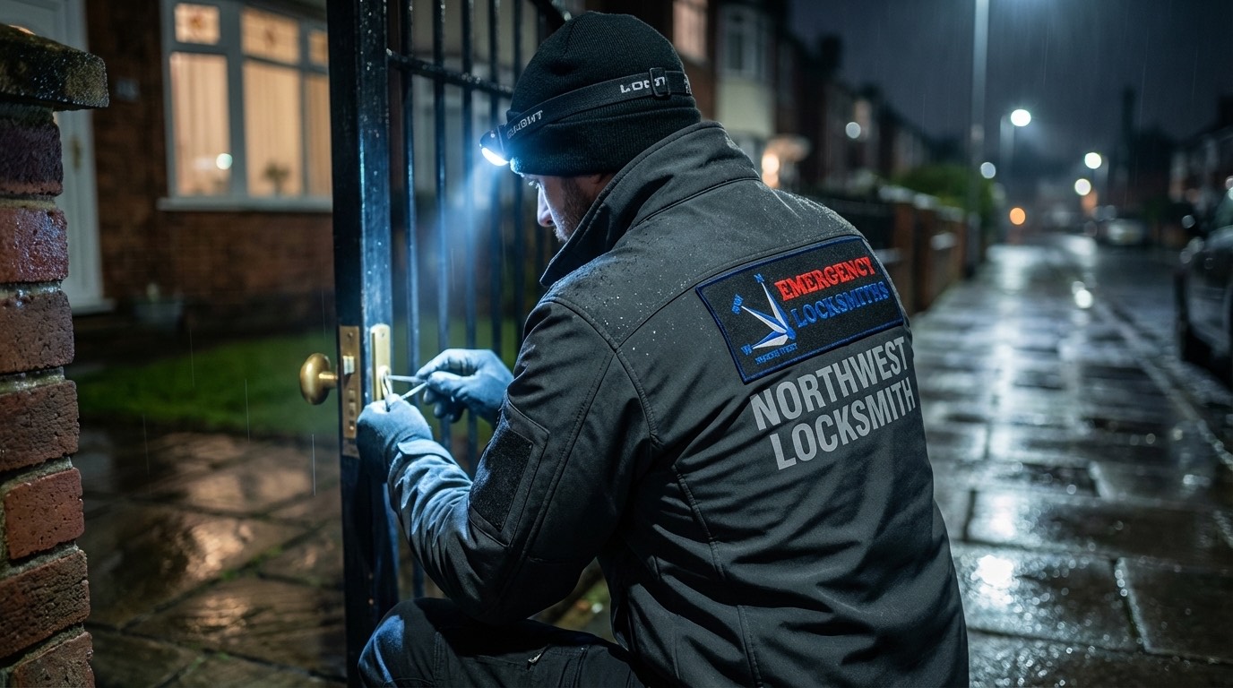 NW Locks emergency locksmith working at night in the rain
